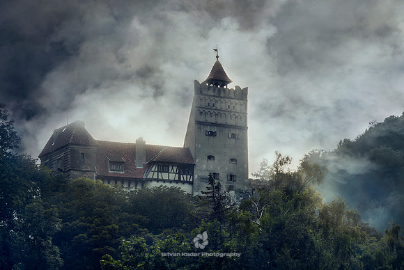 Architecture, Bran, "Bran Castle", Building, Castle, Century, Circa, Cloud, Day, "Travel Destinations", "Dracula's Castle", "Bulding Exterior", Forest, History, Horizontal, Image, Medieval, Mist, "No