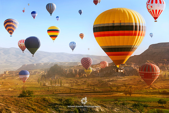 Adventure, "Air Vehicle", "Air Vehicle", Anatolia, Asia, Cappadocia, "Colour Image", Colourful, Day, Dreamscape, "Elevated View", Flying, Horizontal, "Hot Air Balloon", Kapadokya, Landscape,  "Large G