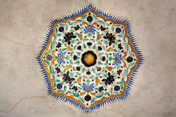 Ornate Paintings on the Marble Ceiling of Amber Fort, Jaipur, In