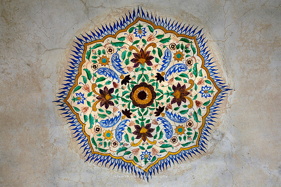 Ornate Paintings on the Marble Ceiling of Amber Fort, Jaipur, In