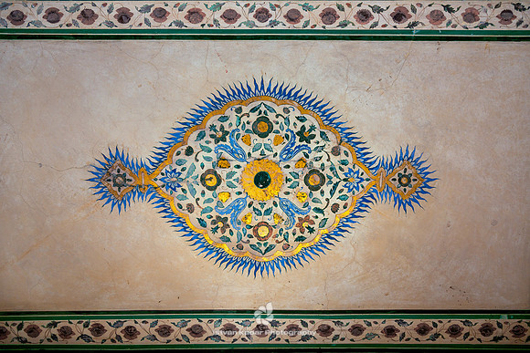 Ornate Paintings on the Marble Ceiling of Amber Fort, Jaipur, In