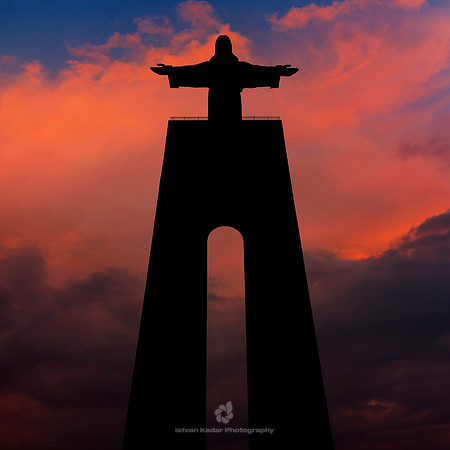 Silhouette of the Cristo Rei at Almada, Lisbon, Portugal
