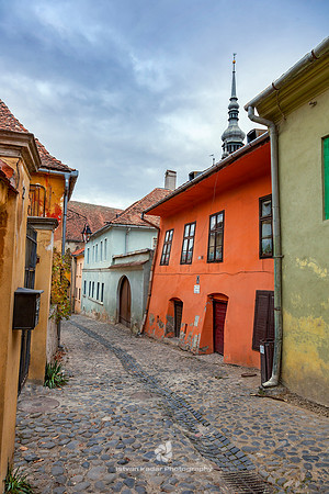 Old Houses and Cobbled Street in Sighisoara, Transylvania
