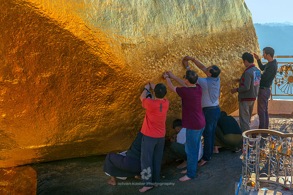 Devotees at the Golden Rock (Kyaiktiyo Pagoda), Mon State, Myanm