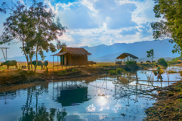 Crossing the River on Bamboo Poles, Myanmar