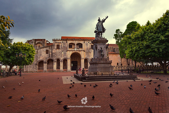 "Columbus Statue" Cathedral, "Parque Colon", "Santo Domingo", Caribbean "Dominican Republic, pigeons, bird, square, monument, statue, sculpture, tree, city, building, architecture,