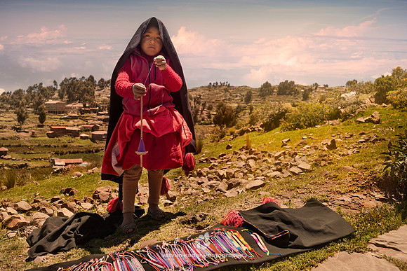 Andes, "Lake Titicaca", Peru, Puno, "Taquile Island", Taquileño, child, costume, countyside, craft, culture, dress, female, fingers, folk, folklore, girl, hands, highlands, hilado, inca, incan, island