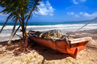 "Dominican Republic", "Playa Rincon", Samana, abandoned, beach, boat, coastline, damaged, fishing, float, grounded, net, ocean, old, pacific, painted, palm, poor, red, row, sand, sea, summer, tree, wo