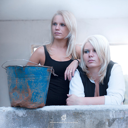 blonde, bucket, cognate, girls, kibble, pail, sisters, together, women, portrait, "two people" lights, window, "looking out"