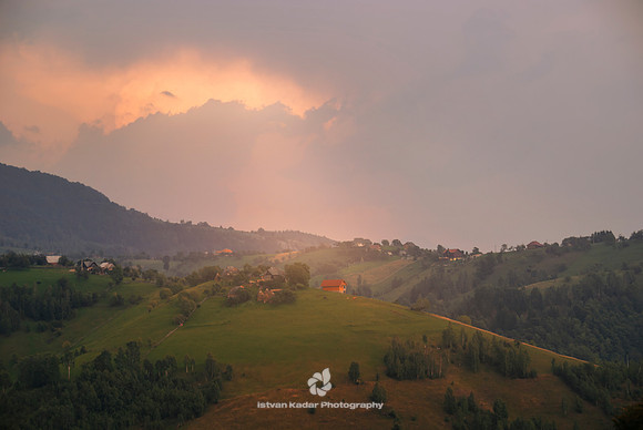 "Carpathian Mountains", Moeciu, Romania, Transylvania, cloud, green, hill, landscape, light, mountain, nature, storm, trees, village