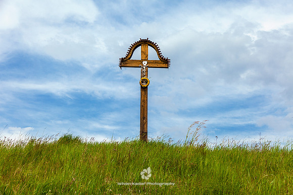 Christianity, "Cloud - Sky", "Colour Image", Crucifix, Day, Erdély, Field, Figurine, Hargita, Horizontal, "Jesus Christ", Landscape, Meadow, "Memorial Plaque", Nature, "No People", Outdoors, Photograp