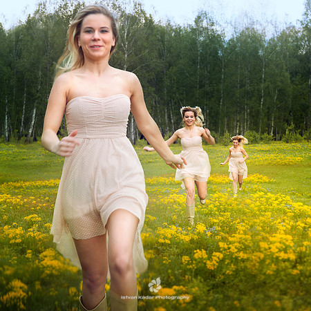 beauty, blond, clone, cloning, composite, euphoric, female, field, flowers, girl, happiness, happy, light, multiple, nature, outdoor, pretty, run, smile, spring, three, trees, woman