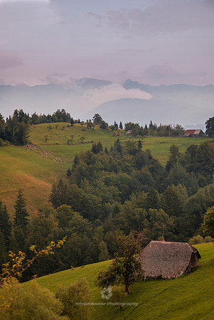 "Carpathian Mountains", Moeciu, Romania, Transylvania, cloud, green, hill, house, landscape, light, mountain, nature, roof, shingle, trees, village